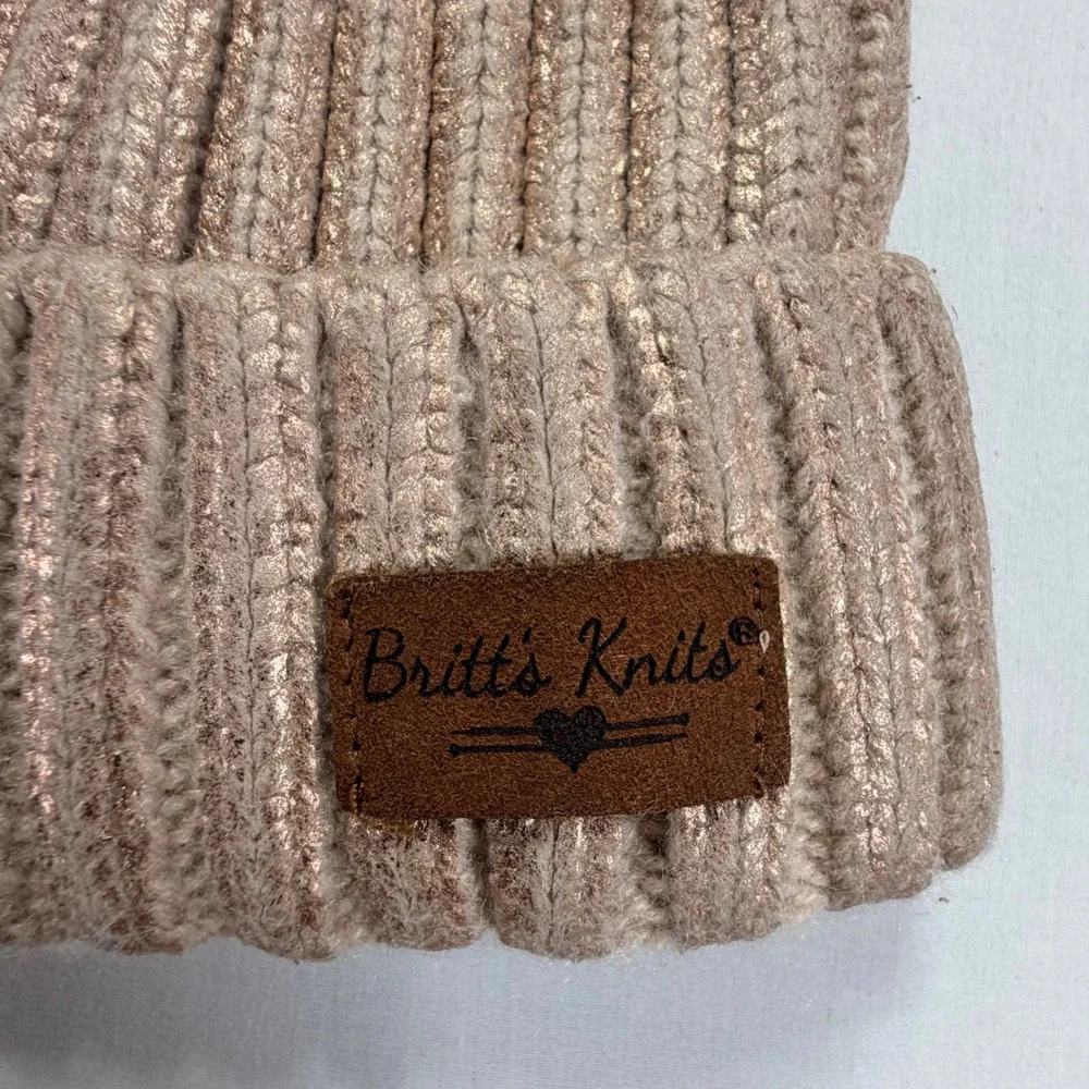 Britt's‎ Knits Beanie Hat Rose Gold Metallic Ribbed Pom Pom